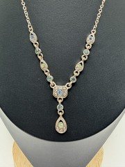 Vintage Inspired Statement Necklace Silver Blue Green Gemstone Teardrop Pendant