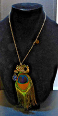 Vintage Zad Signed Peacock w/Feather & Green Stone Pendant 20″ Necklace