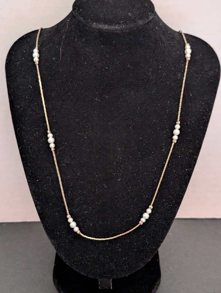 Korea Signed Gold Tone Vintage Snake Chain Necklace Faux Pearl Beads 1mm x 29 in