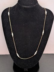 Korea Signed Gold Tone Vintage Snake Chain Necklace Faux Pearl Beads 1mm x 29 in