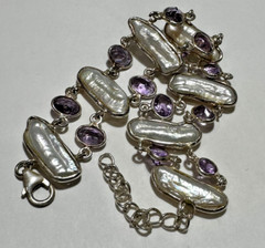 Lavender Amethyst Stone 6″ -7″ White Pearl Beads Silver Vintage 14.3g Bracelet