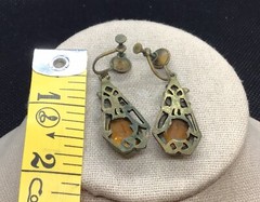 Antique Gold Tone Costume Leaves & Golden Glass Stone Drop Earrings F112