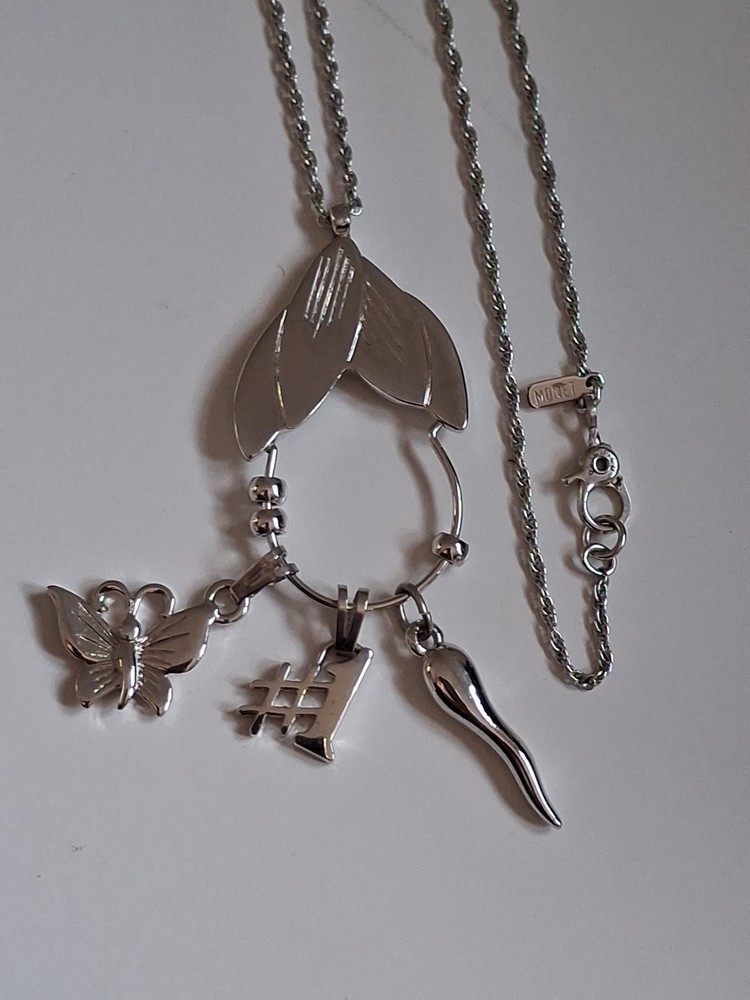 Vtg Monet Charm Necklace Silvertone+3 Charms+Beaded Spacers Signed 30″ 1980’s