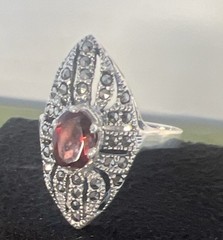 Vtg Art Deco Marquise Red Garnet & Marcasite 925 Sterling Silver 7.75 Signed CW