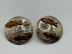 Vintage Courtney Peterson Sterling Silver Brass Fish Earrings Signed
