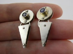 Vintage IC Signed Handmade Sterling Silver Iolite Modernist Earrings 925 1.25 In