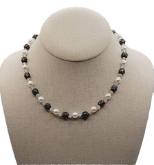 Artisan Made Faux Pearl Crystal Ornate Metal Bead Vintage Necklace 16 Inch