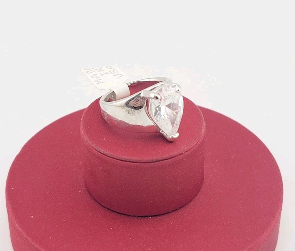 Vtg Sz 5 Ring Pear Teardrop Cubic Zirconia 18KGE White Gold Electroplate Jewelry