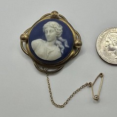 Antique Victorian Art Nouveau Wedgwood Blue Jasperware Lady Brooch Safety Chain