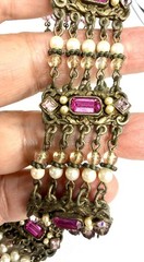 Vintage Pink Rhinestone Faux Pearl Bib Necklace Multi Chain Festoon Brass Tone
