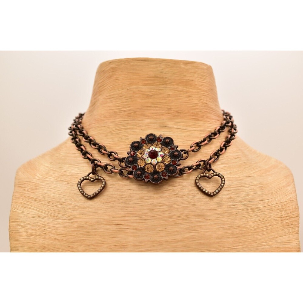 Vintage Crystal Choker Necklace Crystal Heart Flower Charm Copper Tone Y2K BinBE