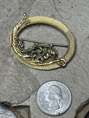 53. Vintage Miriam Haskell Gold tone Faux Pearl Oval Open Work Pin 45mm. As Is
