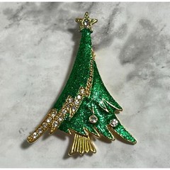 Vintage Christmas Tree Brooch Gold Tone Rhinestone Green Glitter Sparkle