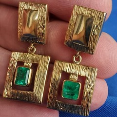 Original EARTH MINED EMERALD Deco Design Earrings Vintage Style Dangles 14K GOLD