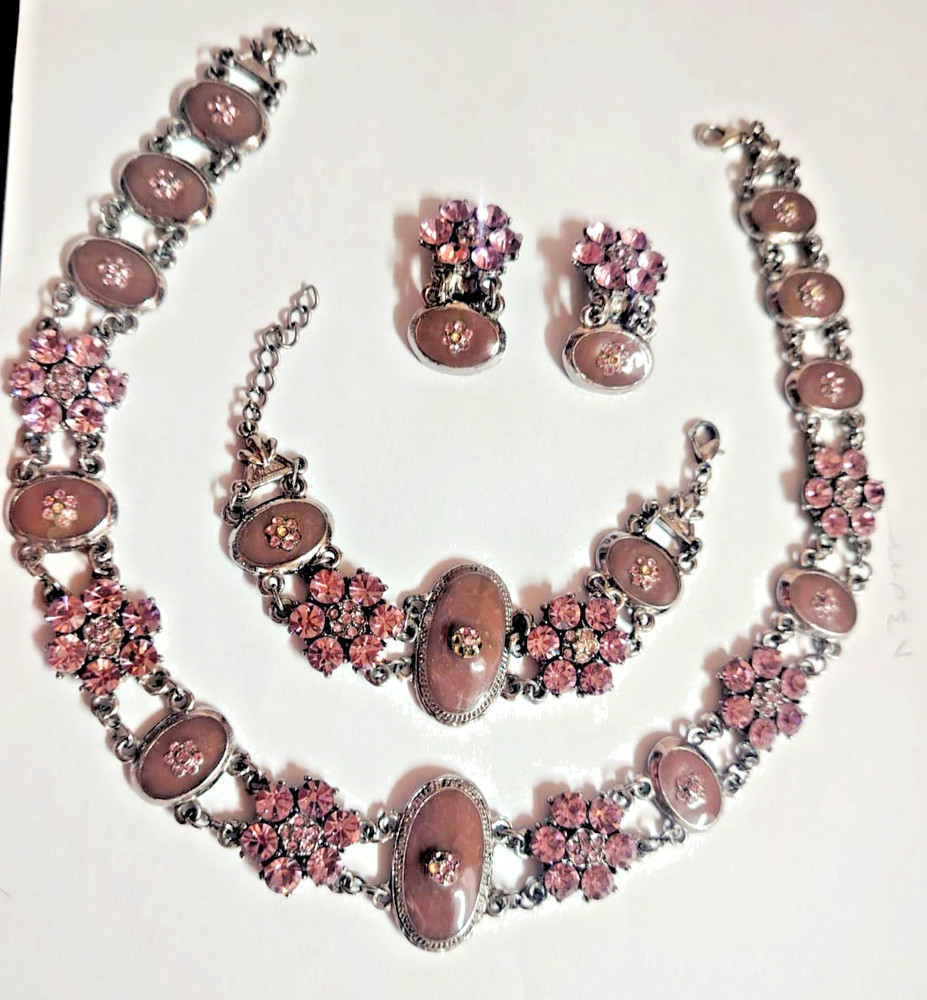 Antique Style Art Deco Silver Tone Filigree Pink/Purple Cabochon jewelry Set