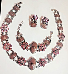 Antique Style Art Deco Silver Tone Filigree Pink/Purple Cabochon jewelry Set
