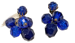 SET of VINTAGE Made AUSTRIA Stamped COBALT BLUE Plastic Beads CLIP ON EARRINGS!