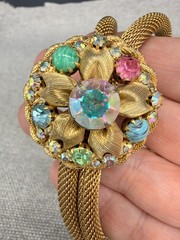 Vintage Mesh Lariat Necklace Earrings Gold Tone Rhinestones Colored Stones READ