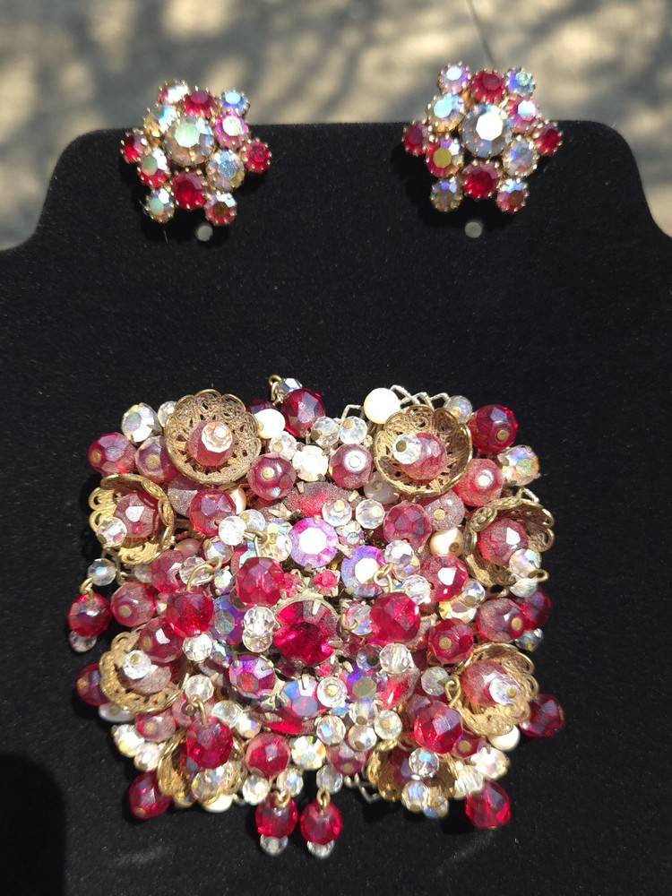 Vintage J Carl NY Original Brooch Hand Wired Red Aurora Borealis Clip Earrings