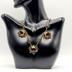 Czech Glass Art Nouveau Deco Flower Motif Brass Festoon Bib Amber Citrine 15 In
