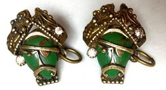 Vintage SELRO SELINI Buccaneers PIRATES. Set of 2 green & gold tone Pins. 1950s.