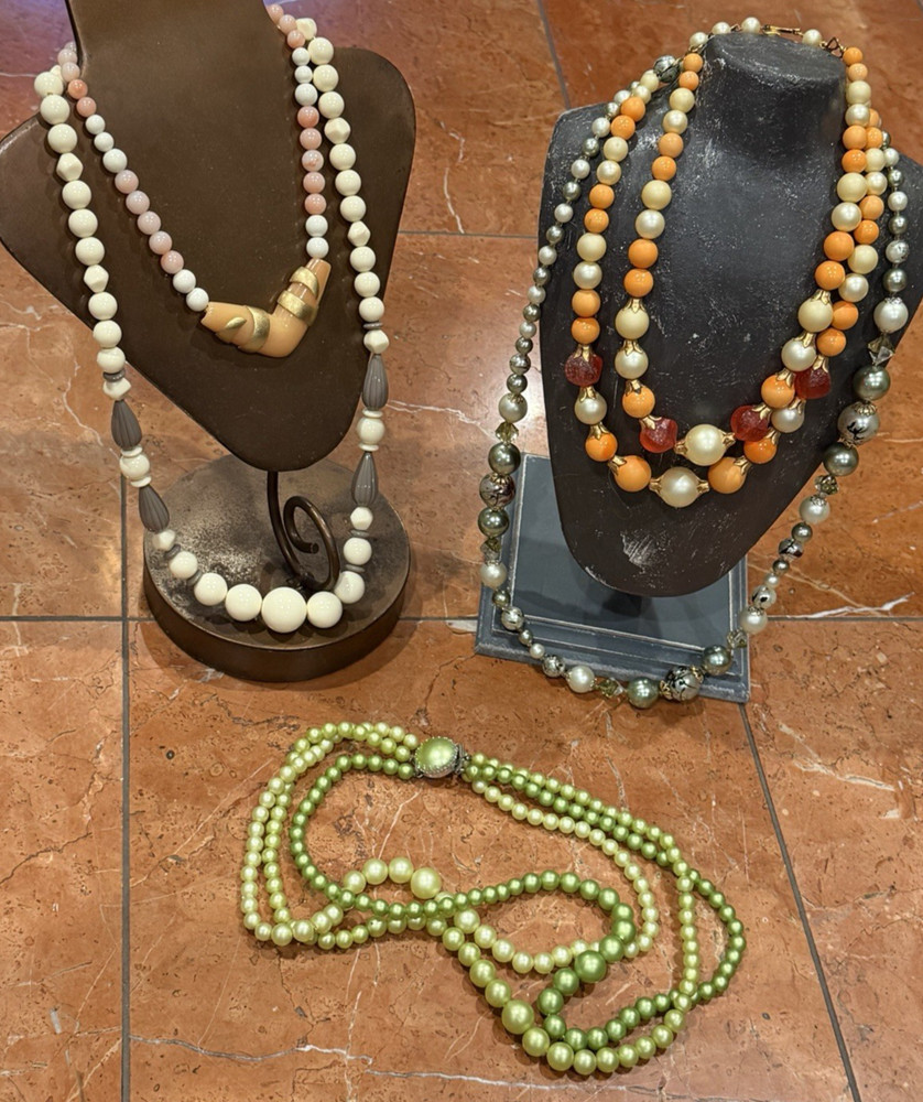 HONG KONG AVON GREEN ORANGE IVORY FAUX PEARL BEAD MCM VINTAGE NECKLACES LOT 5 EU