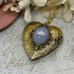 Gold Heart Locket Blue Wht Birthday Anniversary Wedding Dragonfly Cameo Necklace