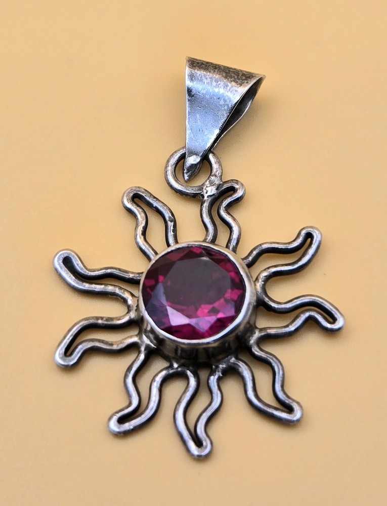 Vintage Sterling Silver 925 Mexico Sun Red Garnet Pendant 1″