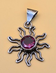 Vintage Sterling Silver 925 Mexico Sun Red Garnet Pendant 1″