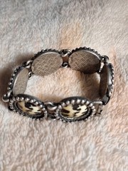 Vtg. Bracelet Antique Silver Finish~6 Leopard Print Disks~80’s-90’s~Aprx.8″#1859