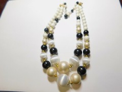 Double Strand Off White Black Faux Pearl Satin Beaded Necklace Japan Vintage