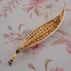 Designer Gold Over Sterling Silver Trombone Clasp Crystal Slender Leaf Pin