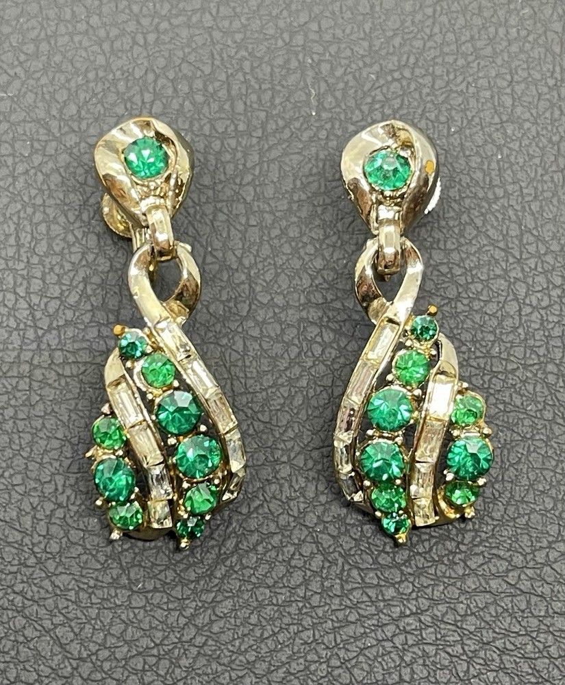 Coro Iconic MCM Channel Set Baguette Green White Rhinestone Screw back Earrings