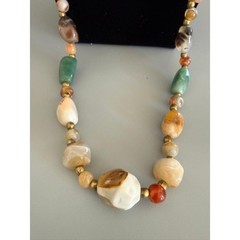 Vintage Beggars Bead Necklace 34″ Opera Long Polished Stones Colorful Heavy