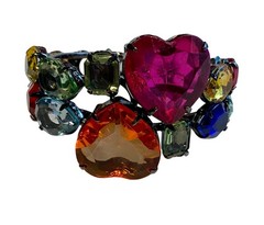 Multicolor Bracelet Rhinestone Hearts Bypass Hinged Maximalist Gunmetal Bright