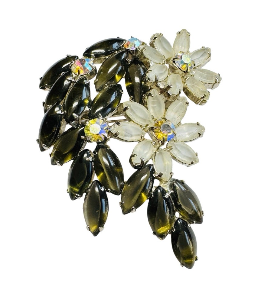 Vintage Black Diamond, Frosted Glass & AB Rhinestone Silver Tone Flower Brooch