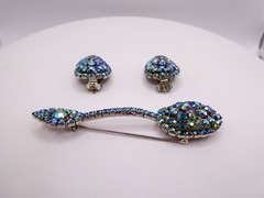 Vintage Blue Rhinestone Brooch Pin Earring Set Large 3.5″ Arora Borealis Retro