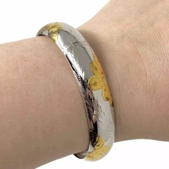 Vintage Two Tone Engraved Floral Bangle Cuff Bracelet Silver 925