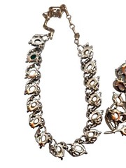 Stunning Vintage CORO Iridescent Peacock Molded Melon Stone Necklace & Brooch
