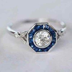 Art Deco Style Lab-Created Diamond & Sapphire Engagement Ring 14k White Gold FN