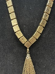 ⁠Vintage HOBE Gold Tone Necklace Block Links Tassel Drop Egyptian Modernist 70s⁠