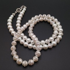Handcrafted Freshwater Pearl Rhinestone Necklace 32” Long Statement Strand