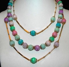 Vintage Blue Green Colorful Crackle Bead 3 Strand 18 Necklace Gold Tone Bar Link