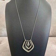 Vintage 1980s Art Deco Revival Shield Pendant Necklace Gold Tone Statement 30″