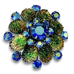 Vintage Unsigned Judy Lee Molded Lava Glass Peacock AB Rhinestone Flower Brooch