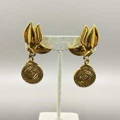 Vintage Gold Tone Tulip Rose Drop Clip On Earrings Coquette Statement Regency