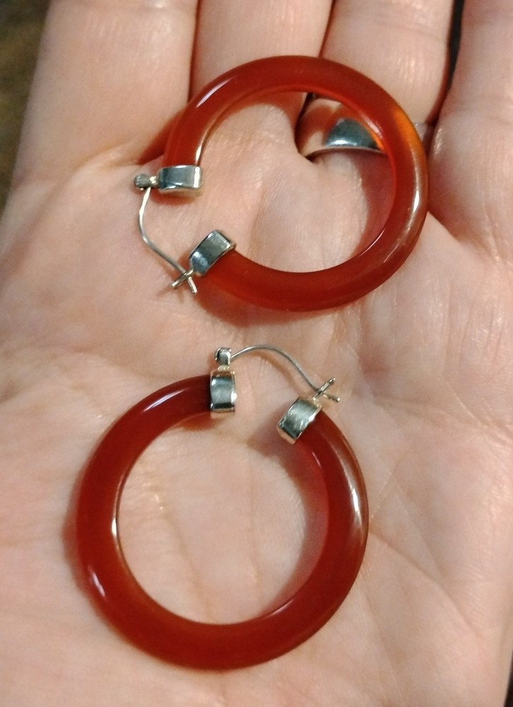 Vintage Red Stone Hoop Earrings MARKED GSJ 925 Sterling Silver