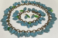 Vintage Grapes & Leaves Glass Neckace Bracelet Earrings In 14k B-on Brass Chain