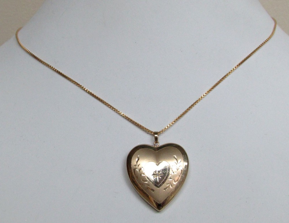 BEAUTIFUL 14K YELLOW GOLD HEART LOCKET PENDANT ON 16″ 14K CHAIN NECKLACE