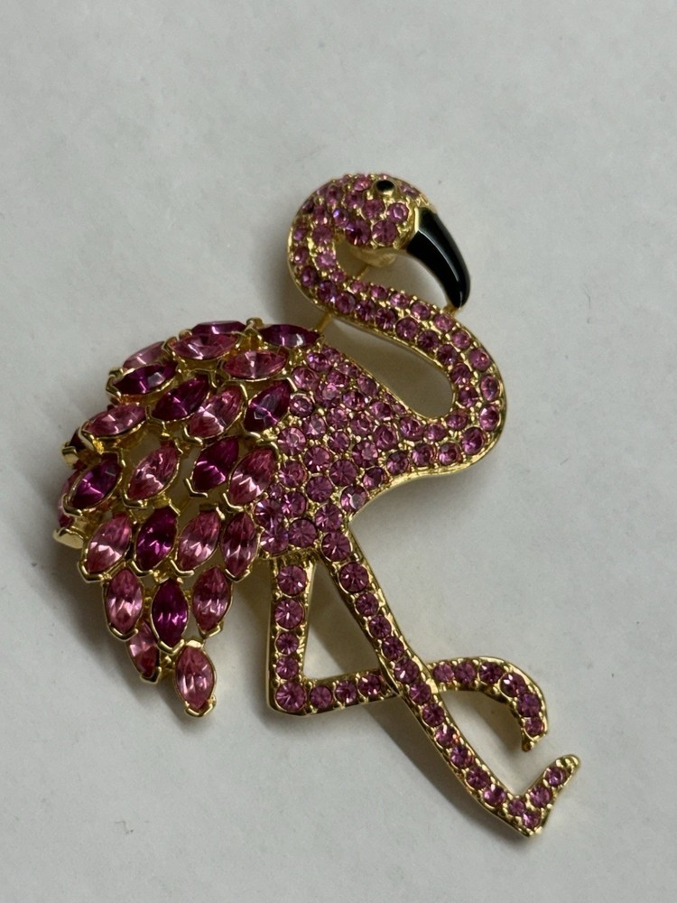 Vintage Nolan Miller Gold Tone Rhinestone Pink Flamingo Pin Brooch Large Signed